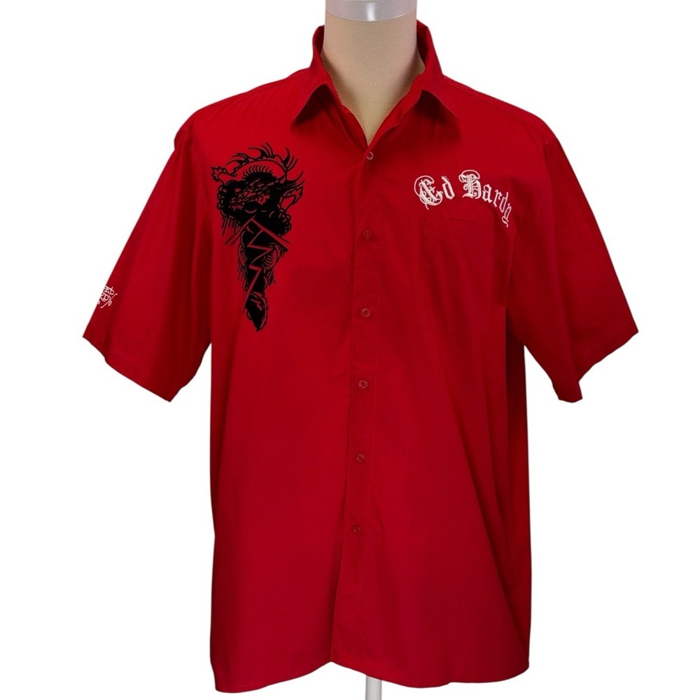 Vintage Ed Hardy‎ Red Tattoo Graphic Embroidered Men's Short Sleeve Size 2XL